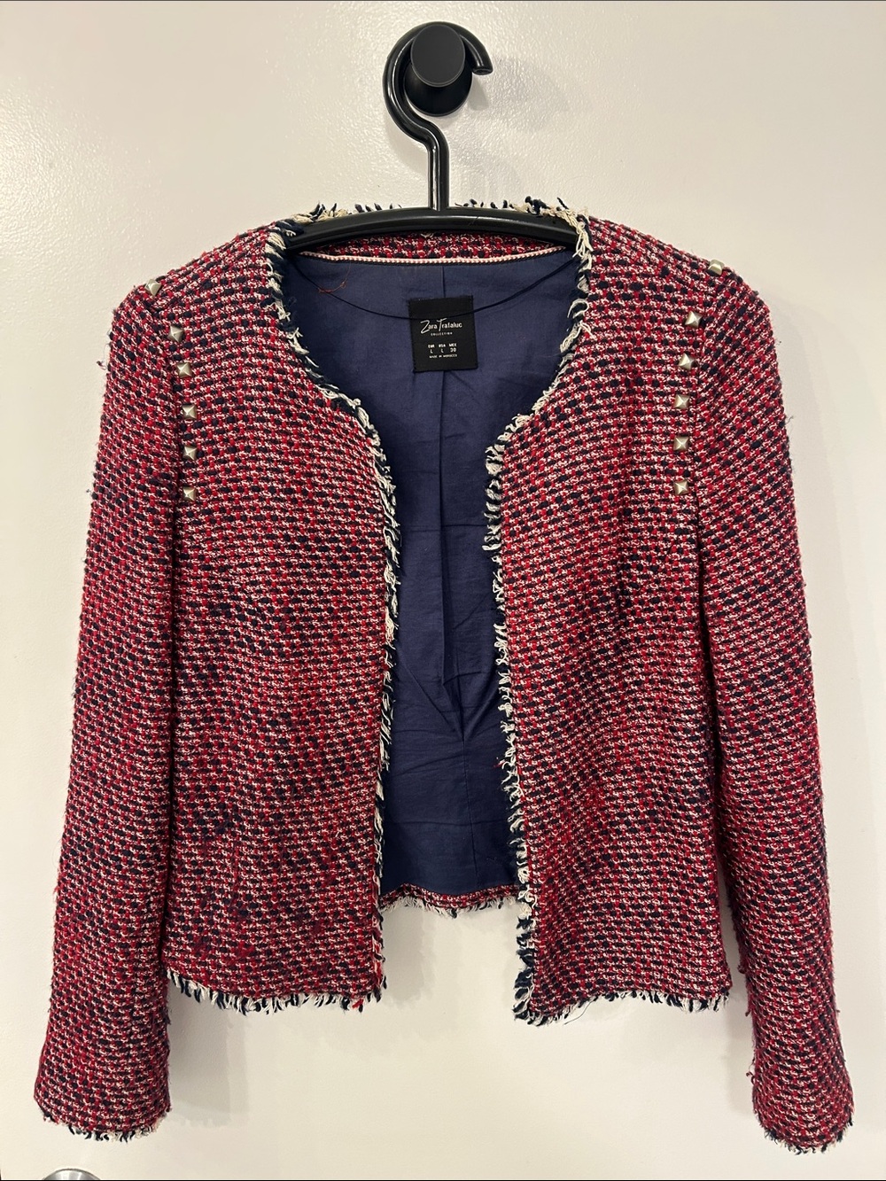 Zara Pink-Red Tweed Collarless Fringed Jacket